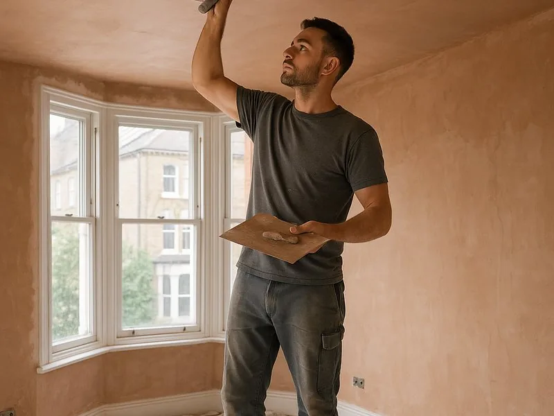 A plasterer skimming a ceiling in a Walthamstow flat conversion
